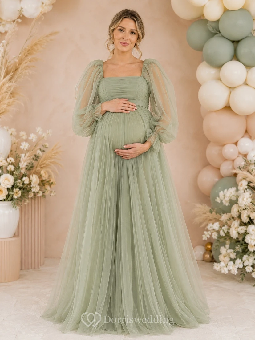 Vestido elegante de tul hasta el suelo, estilo imperio, con cuello cuadrado y mangas abullonadas, de Sage Maternity.