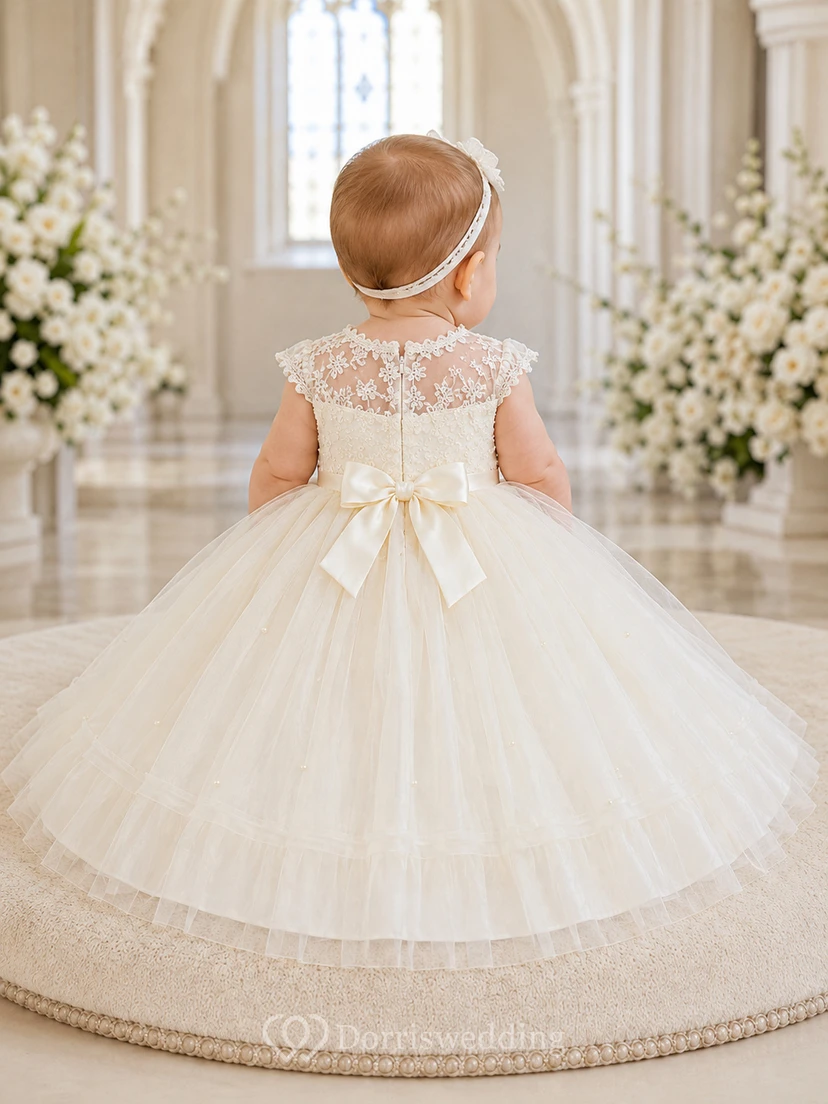 Christening Dress A-Line Tulle Lace Scoop Neck Tea-Length Bow Back