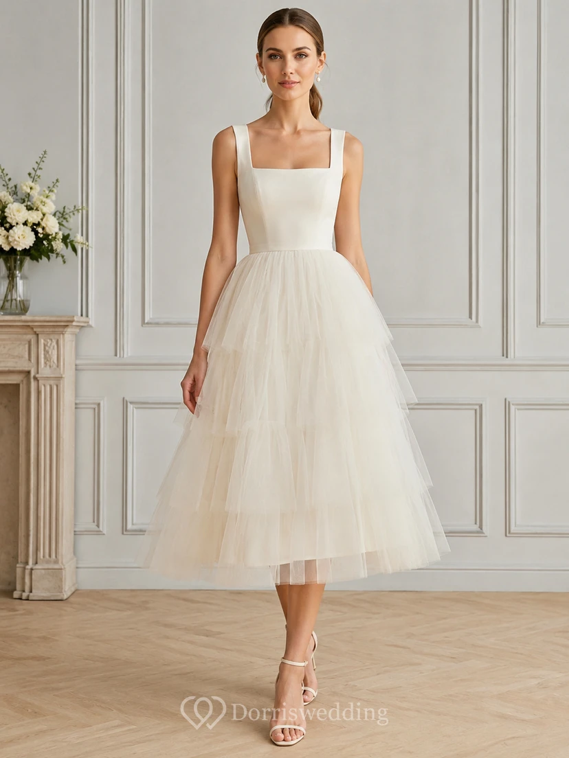 White Square Strap Tiered Tulle A-Line Tea Cocktail Dress Reception