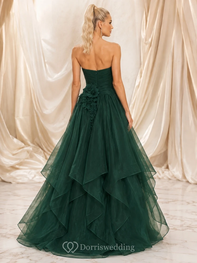Dark Green Strapless Organza Ball Gown Floor-Length Cascading Formal Dress view 2