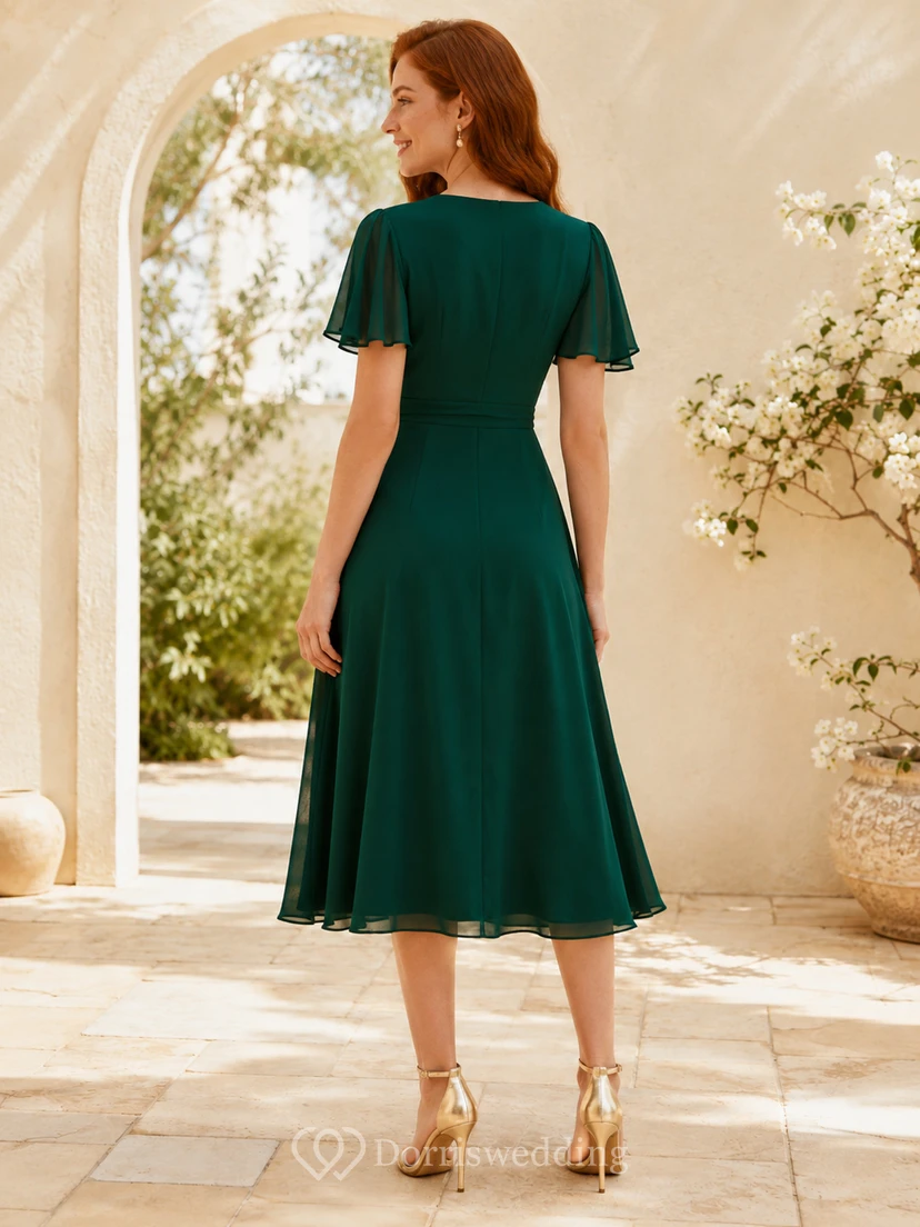 Dark Green Chiffon V-neck Flutter Sleeve Guest Dress view 2