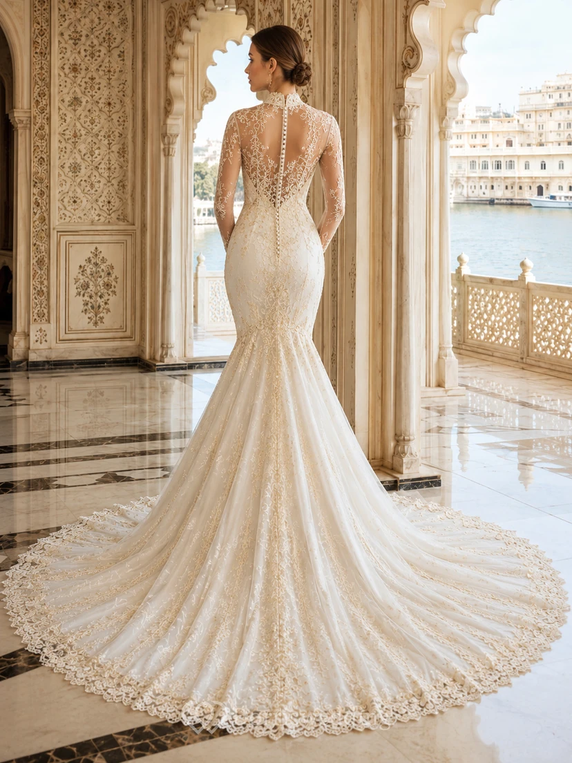 Robe de mariée sirène en dentelle perlée à col montant et manches longues de luxe, avec traîne cathédrale et effet illusion, ornée de perles. view 2