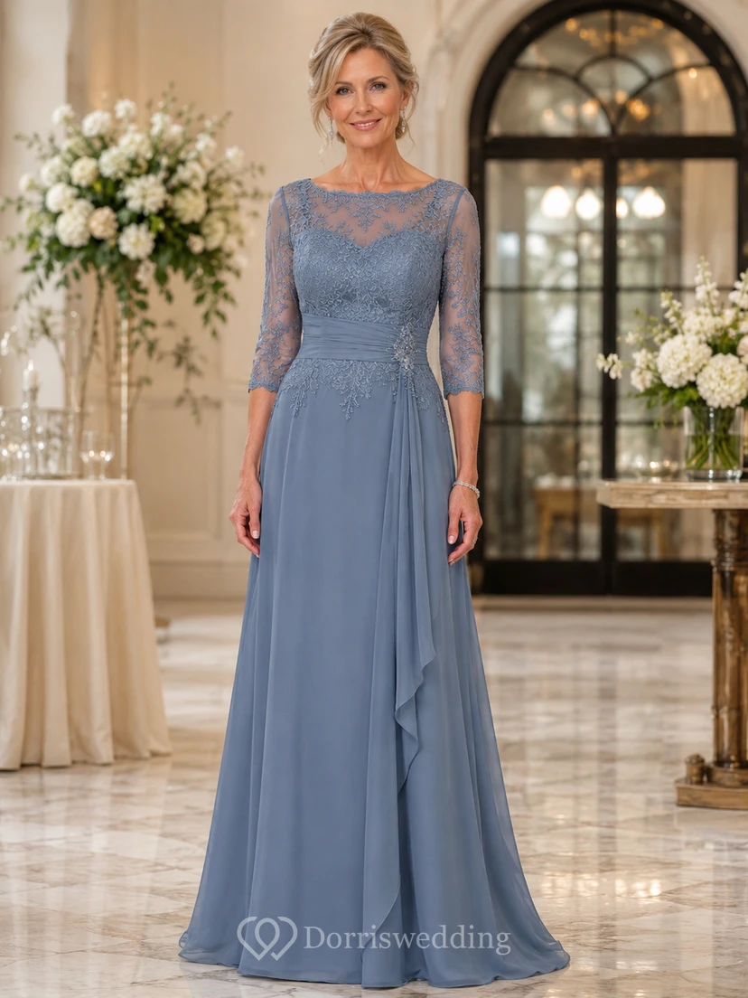 A-Line Bateau 3/4 Length Sleeve Chiffon Mother Dress with Lace