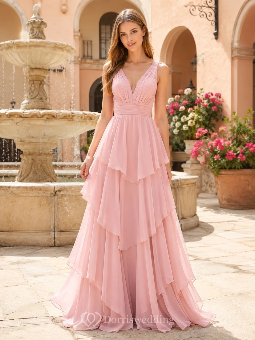 Blush V Neck Cascading Ruffle Chiffon Prom Gown