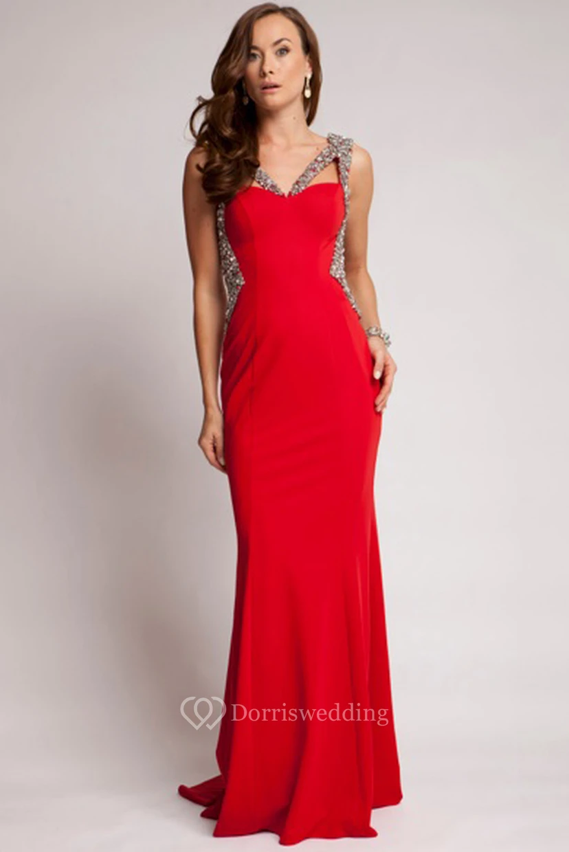 Mermaid Sleeveless Beaded V-Neck Floor-Length Jersey Prom Dress With Backless Style And Sweep Train view 3