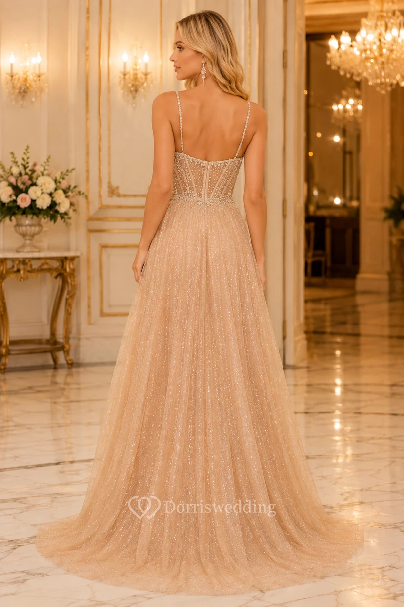 Ballkleid aus rosafarbenem Tüll, A-Linie, Spaghettiträgern, Pailletten, bodenlang view 2