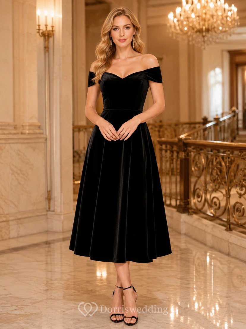 Black Off Shoulder Sweetheart Velvet Orchestra Concert Midi Dress