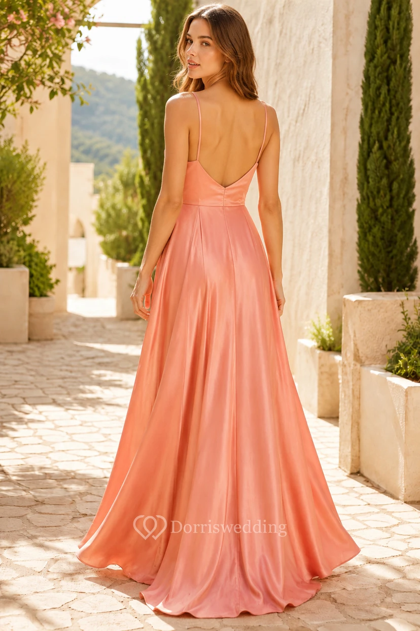 Korallenfarbenes Chiffon-Brautjungfernkleid in A-Linie mit Wasserfallausschnitt und offenem Rücken view 2