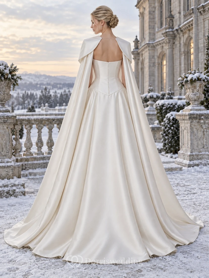 Vestido de novia sencillo de satén con cuello cuadrado, cintura baja y corte en A, ideal para invierno. view 2