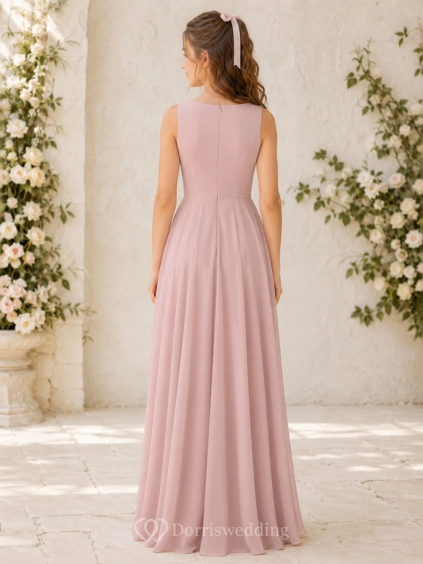 Vestido de dama de honor juvenil rosa ruborizado, corte en A, escote redondo, sin mangas, gasa, detalle de bolsillo, sencillo. view 2