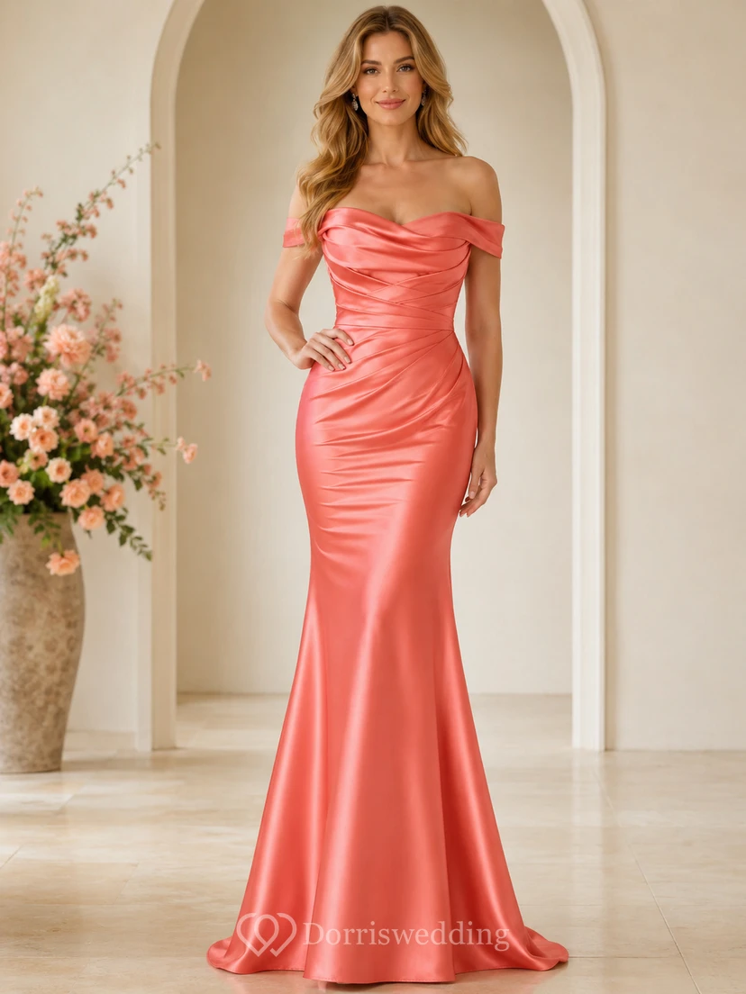 Vestido de sirena con escote corazón, mangas cortas, fruncido, cremallera, espalda baja en V y cola, color coral.