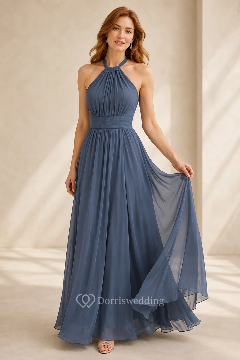 Robe de soirée bleu acier en mousseline, coupe trapèze, dos nu, sans manches, longueur au sol