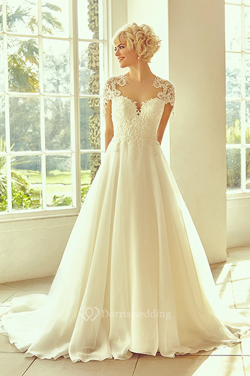 Long Notched Appliqued Cap-Sleeve Lace&Chiffon Wedding Dress
