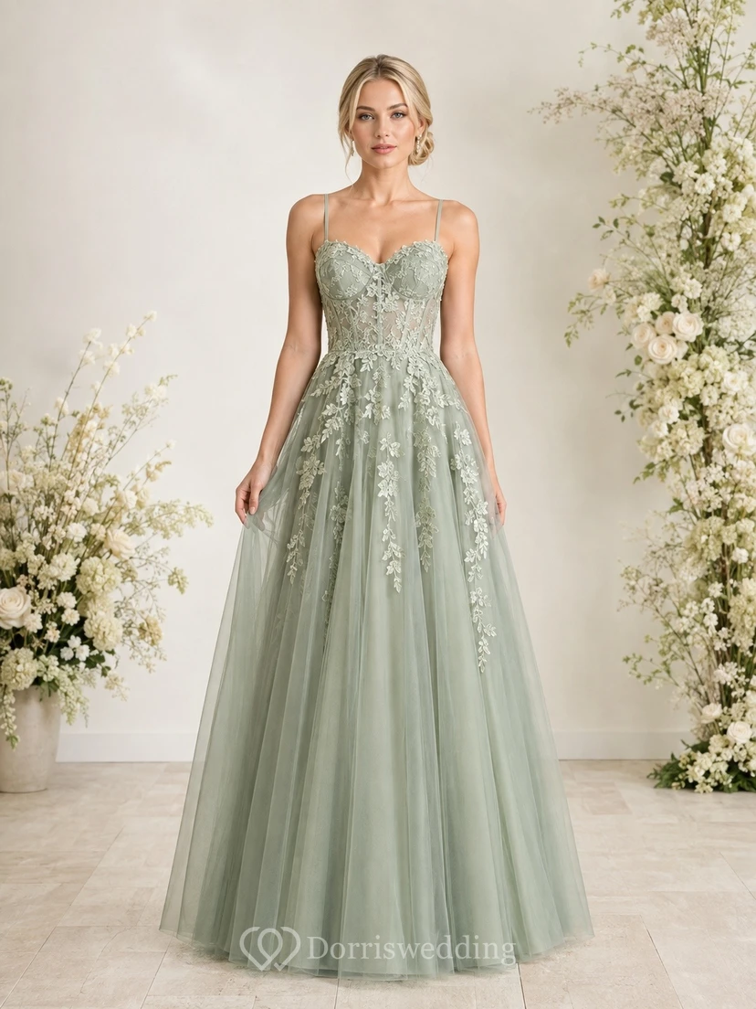 Sage Lace Bodice Tulle A-Line Evening Gown Classic