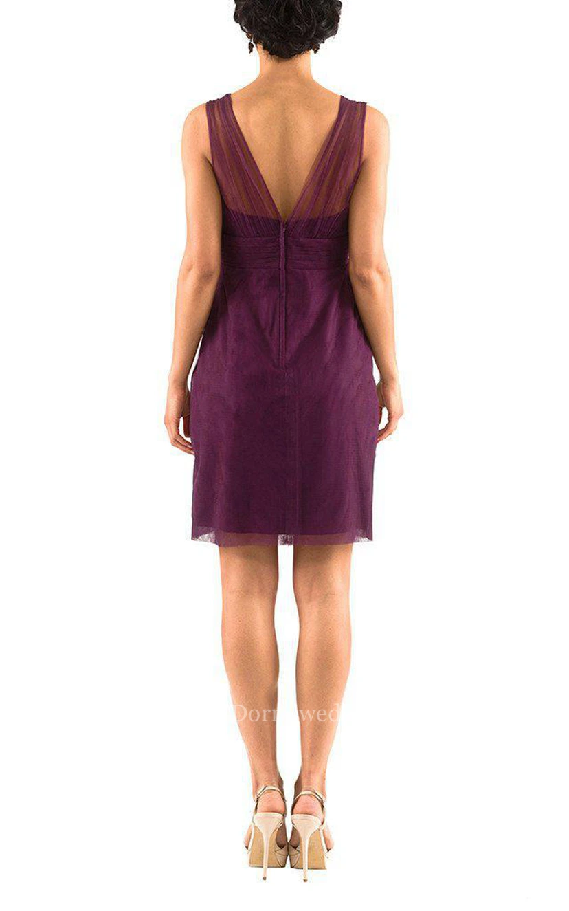 Illusion V-neck Tulle Sheath Short Bridesmaid Dress view 2