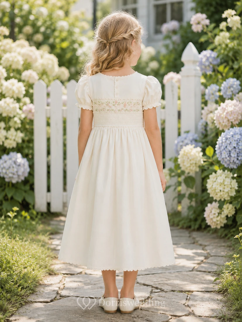 Blumenmädchenkleid aus elfenbeinfarbenem Tüll, A-Linie, Rundhalsausschnitt, Teelänge, mit Schärpendetails view 2