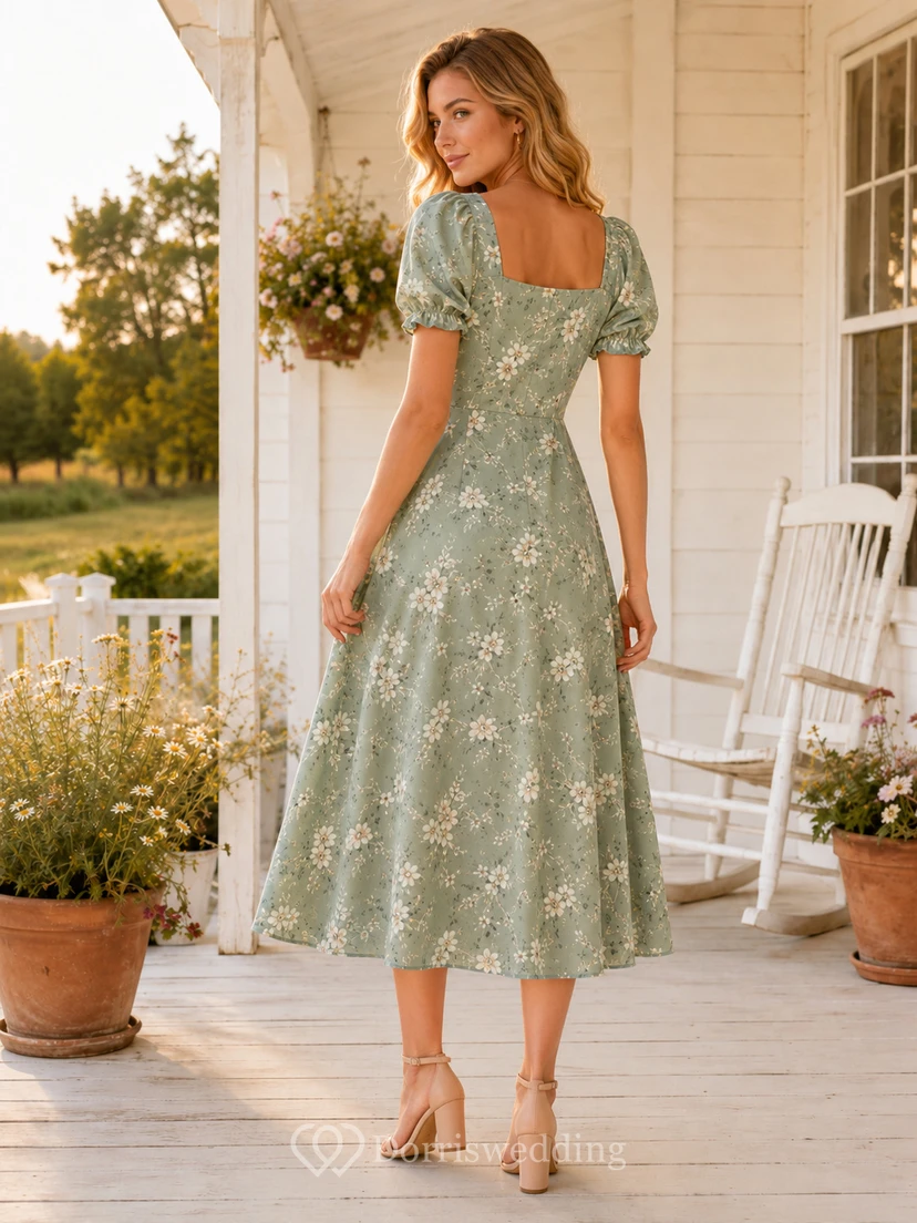 Sage floral square neck puff sleeve farmhouse guest midi dress view 2