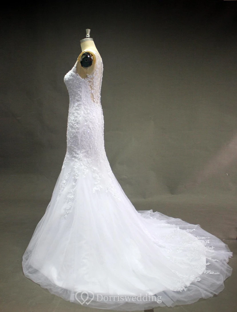 Sleeveless Scoop Neck Mermaid Lace Dress With Tulle Skirt view 2