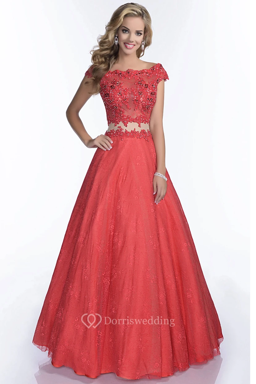 Lace A-Line Scalloped-Edge Cap Sleeve Prom Dress With Keyhole Back