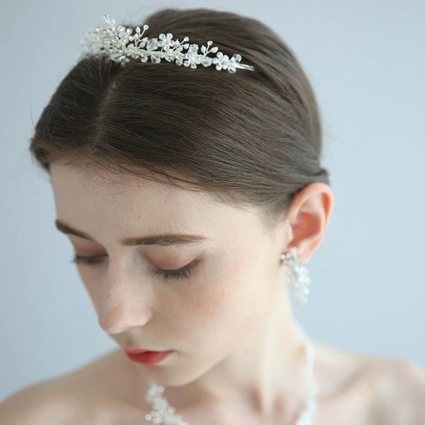 Elegant Silver Bridal Rhinestone Pearl Necklace and Earrings and Crown view 3