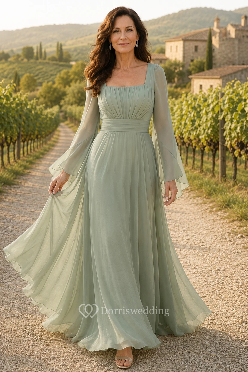 Salbeigrünes Chiffon-Kleid in A-Linie mit eckigem Ausschnitt und Glockenärmeln