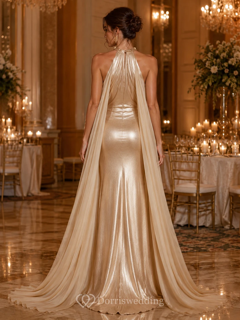 Vestido de noche de sirena con capa halter dorada para cena de gala view 2