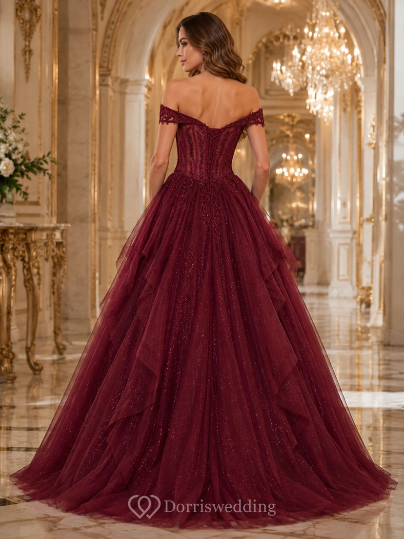 Robe de bal formelle à épaules dénudées, en tulle à volants, longue jusqu'au sol, style masqué view 2