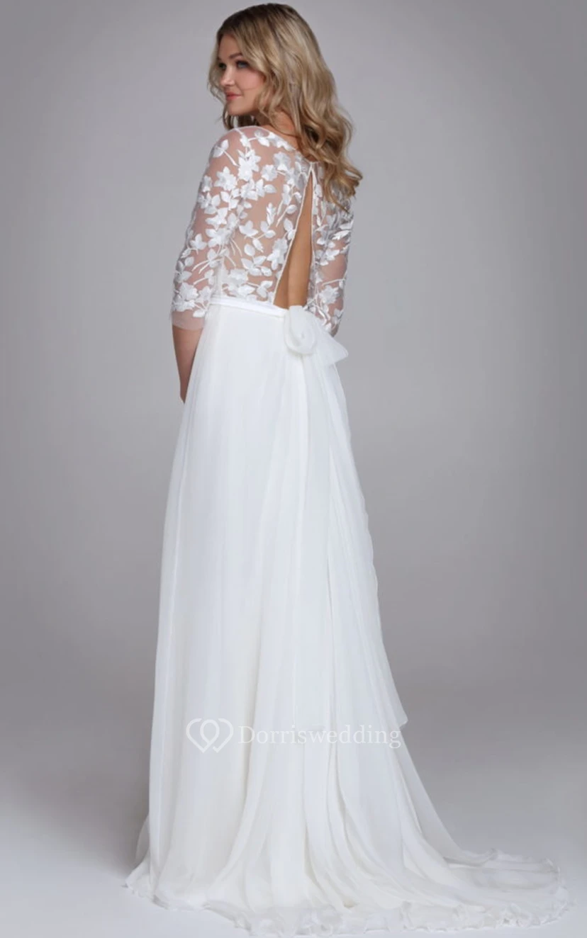 Elegantes A-Linien-Hochzeitskleid aus Chiffon mit U-Boot-Ausschnitt und Schleppe sowie Applikationen view 2
