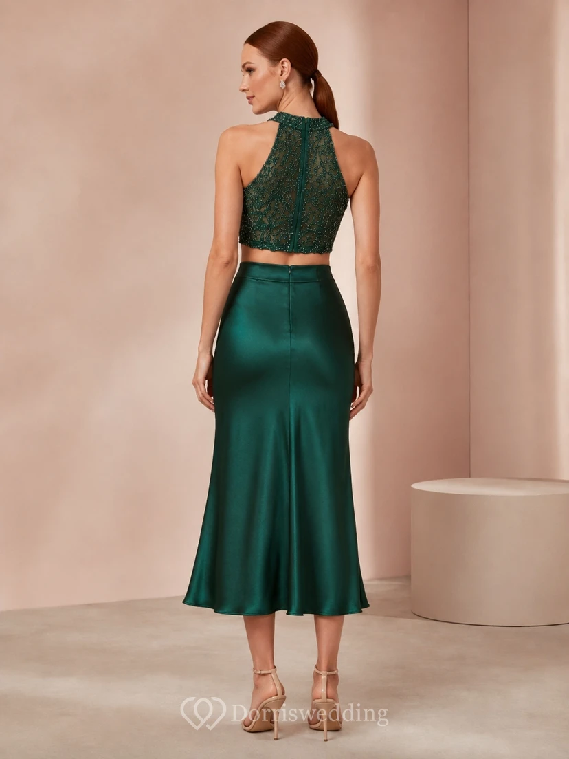 Emerald Two Piece Homecoming Set with Beaded Sleeveless Bodice Satin Midi Skirt Sculpted Waist and Fluid Drape view 2