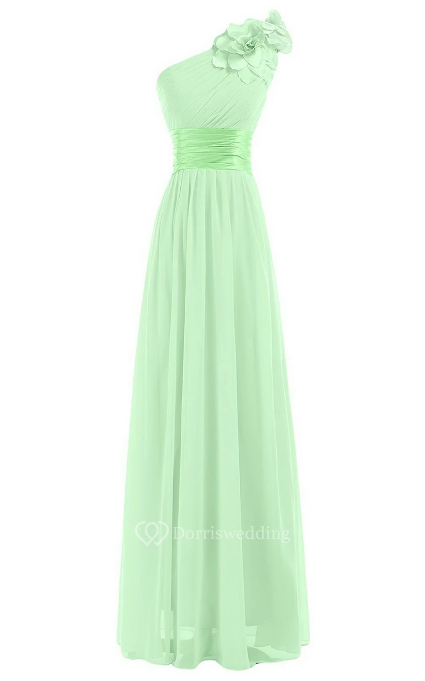 Einseitig schulterfreies Empire-Chiffonkleid mit Blume view 9
