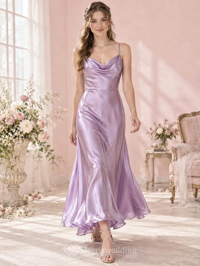 Robe de bal vintage sirène lavande à col bénitier et fines bretelles en satin
