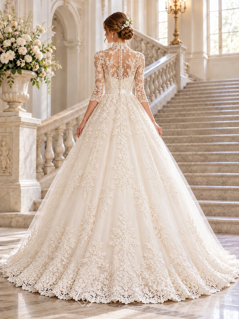 Vintage High Neck Three Quarter Sleeve Lace Full Wedding Dress view 2