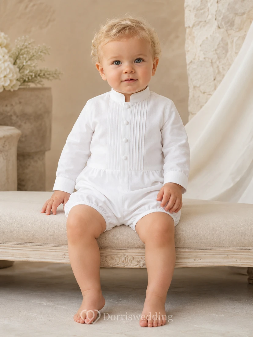 White Long Sleeve Vertical Pintuck Collar Christening Bubble Romper for Baby Boy