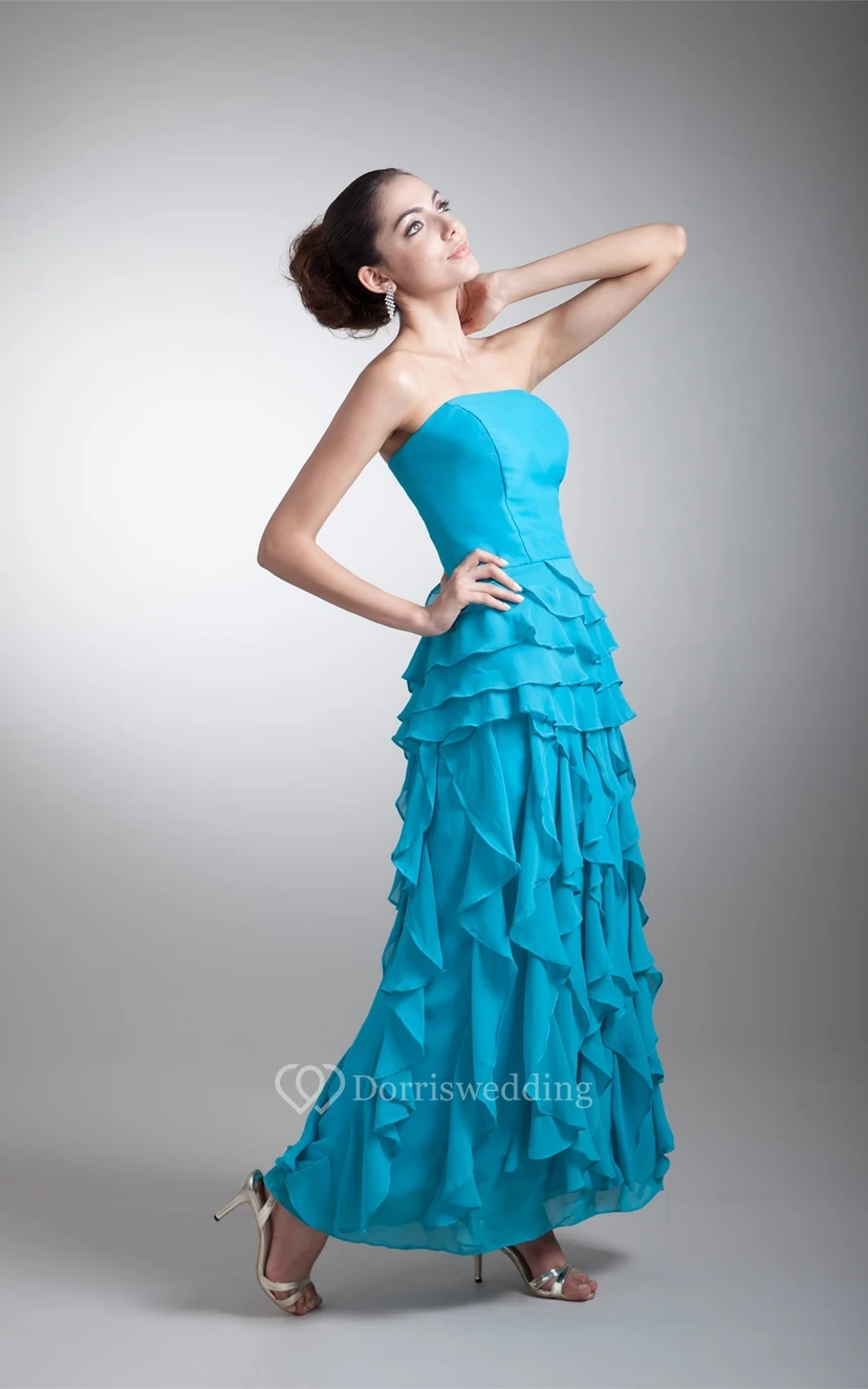 Strapless Ankle-Length Chiffon Dress With Cascading Ruffles view 4