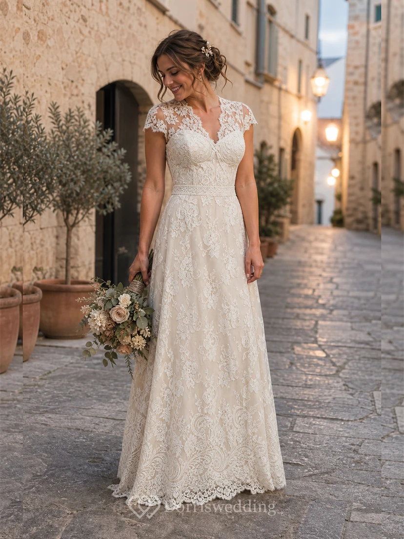 Vintage-Hochzeitskleid mit Spitze und Empire-Kappe in Elfenbeinweiß view 8
