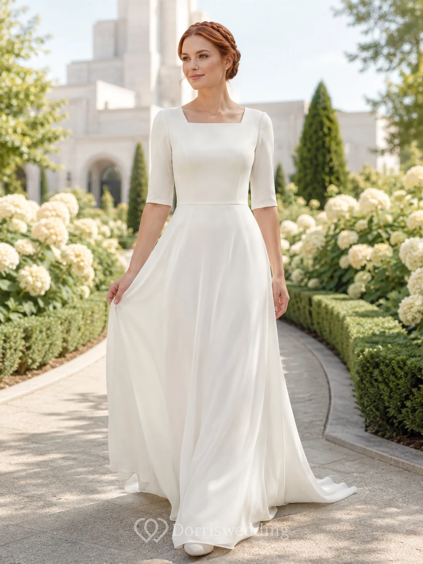 Vestido de novia modesto de corte A con mangas cortas, estilo templo de jardín.
