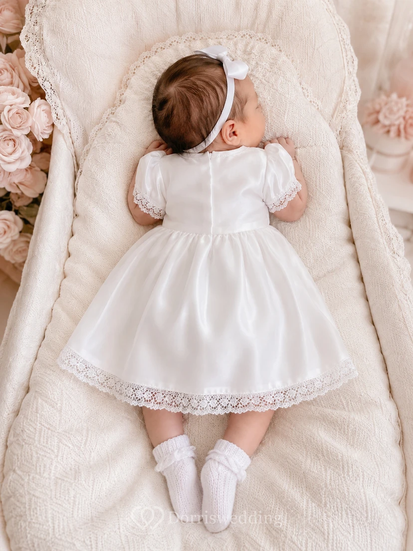 Short Sleeve Baptism Dress A-Line Satin Jewel Neck Lace Trim Baby Style view 2