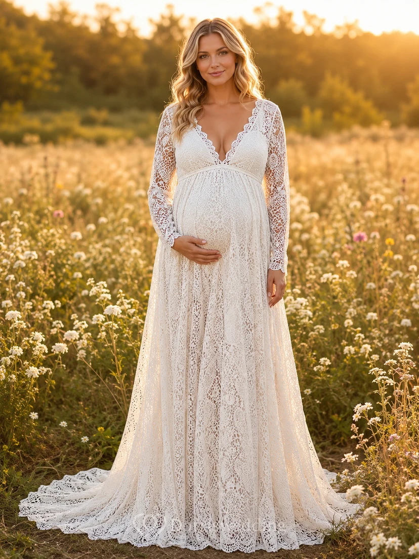 Vestido de novia premamá de manga larga con escote en V, encaje integral y cola de corte.