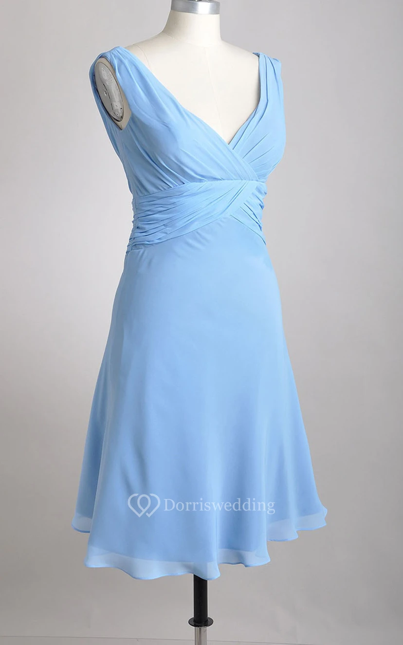Knee-length Deep-V A-line Pleated Chiffon Teal Bridesmaid Dress view 2