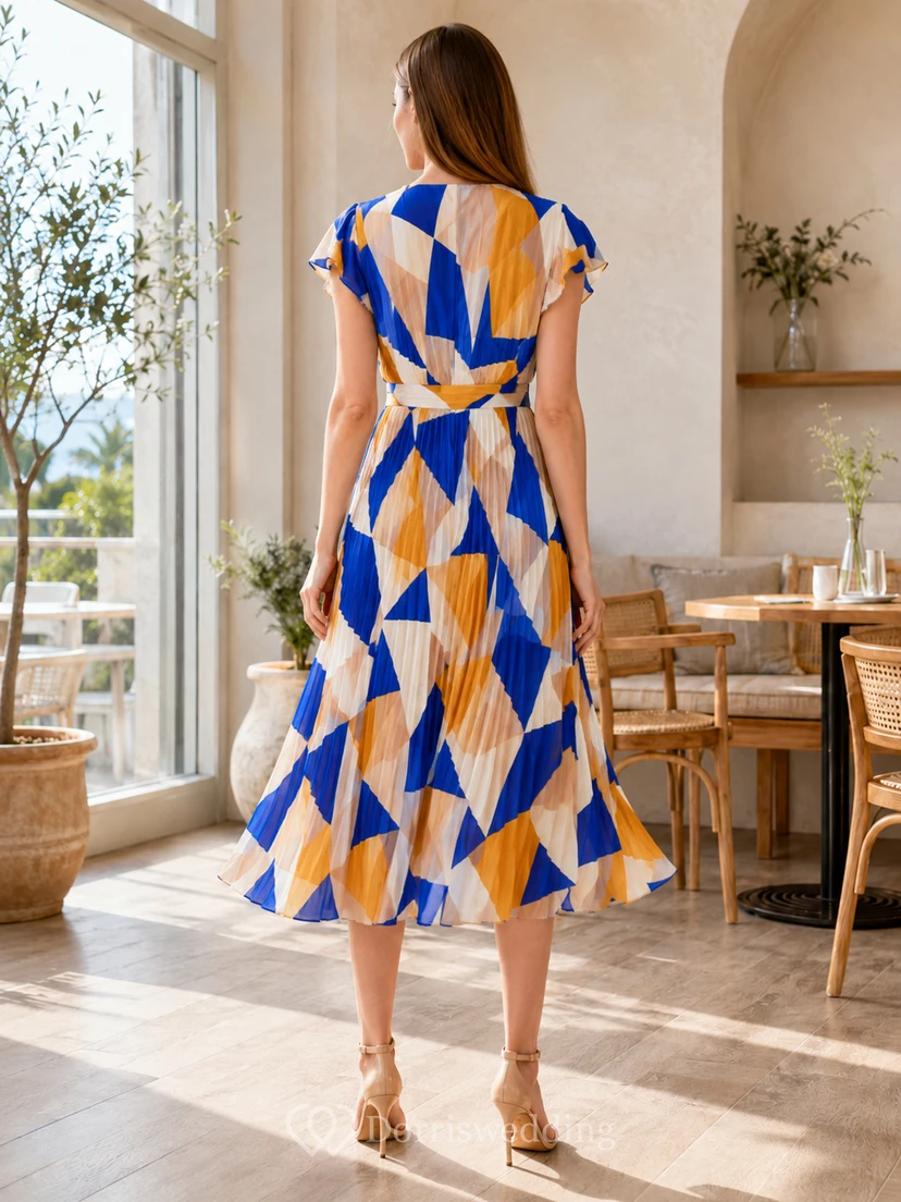 Vestido midi cruzado geométrico azul y amarillo con mangas acampanadas view 2