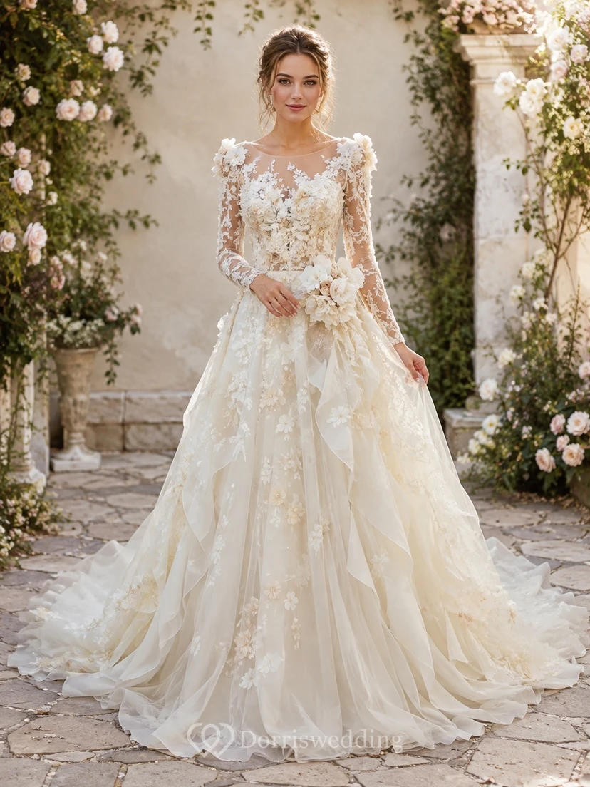 Vestido de novia elegante de encaje con mangas largas y corte en A de estilo vintage