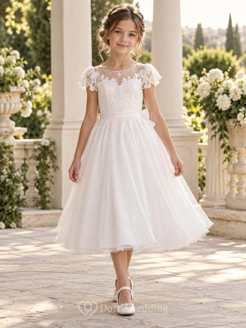 Vestido de niña de flores blanco de corte A con encaje y tul, manga corta, efecto ilusión y doble lazo, largo hasta la rodilla.