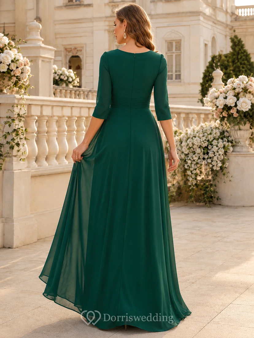 Robe longue de soirée vert foncé à col carré et manches transparentes view 2