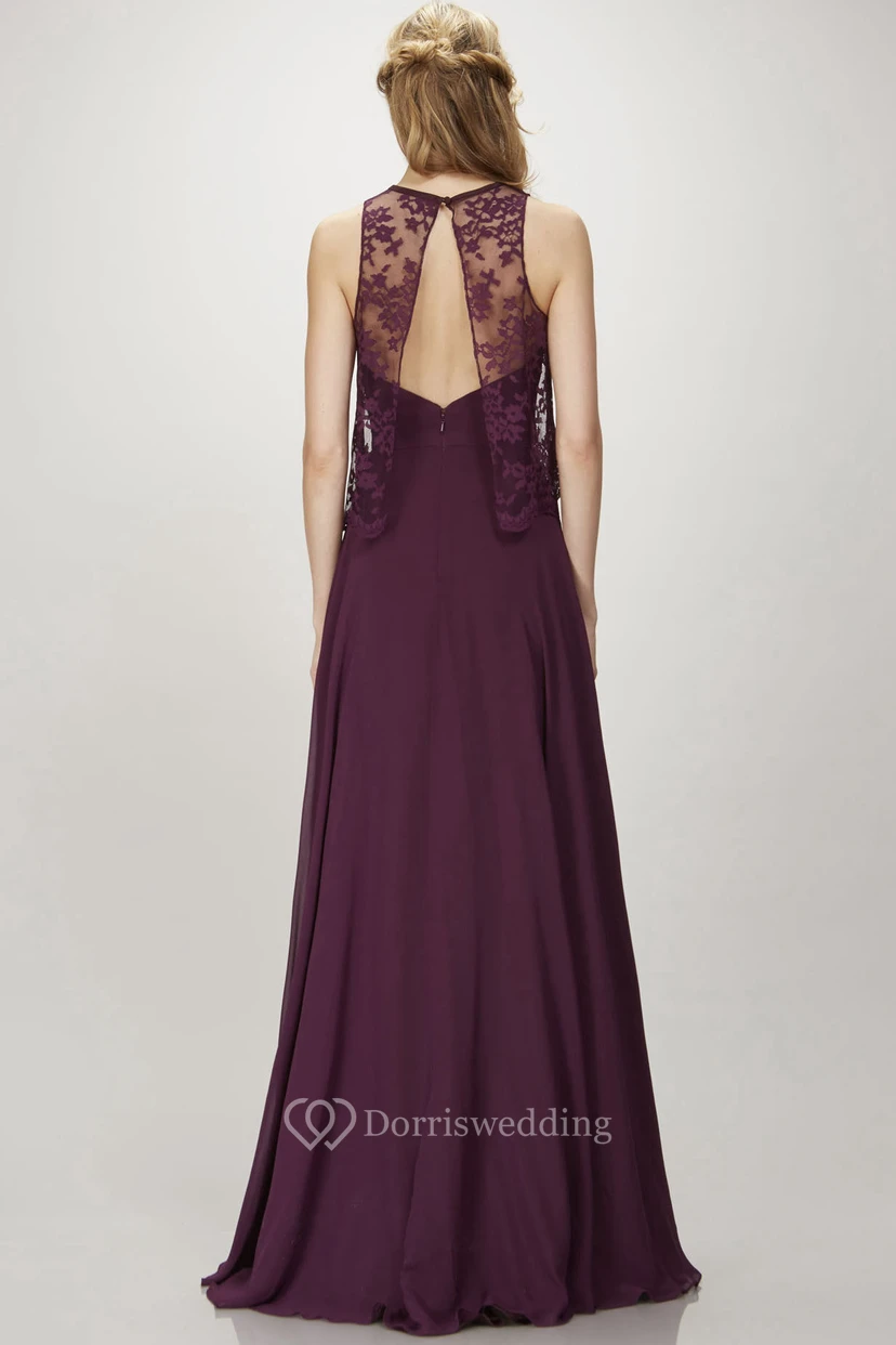 Sleeveless High Neck Appliqued Chiffon Bridesmaid Dress With Low-V Back view 2