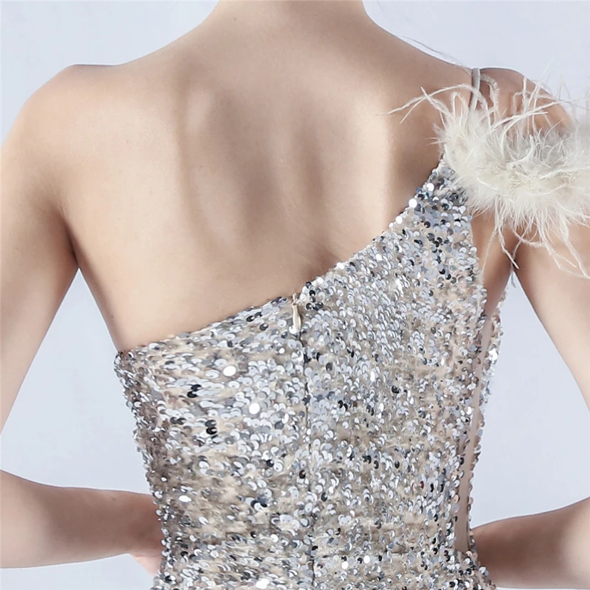 Gradient Velvet Bottom Sequins Craft Beading Ostrich Hair One-Shoulder Oblique Collar High-Slit Evening Dress view 27