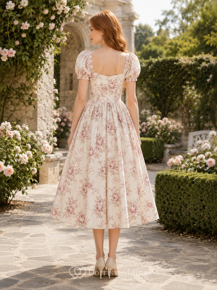 Vintage Rose Print Puff Sleeve Tea Length Dress view 2