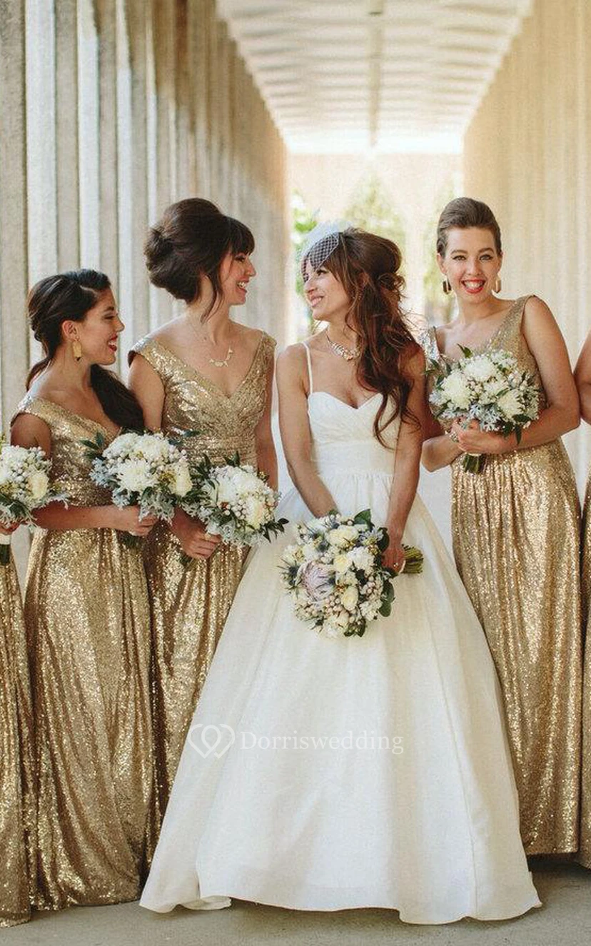 Floor-length Gold Sequined V-neck Gown With Low V Back view 3