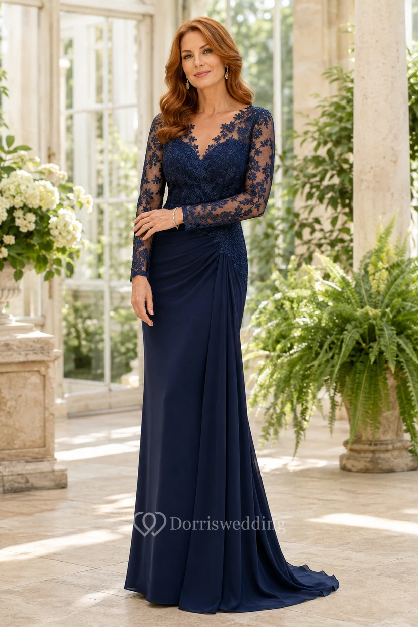 MOB-Kleid Dunkelblaues Chiffon-Spitzenkleid im Meerjungfrauenstil mit langen Ärmeln, V-Ausschnitt und Schleppe, gerafft