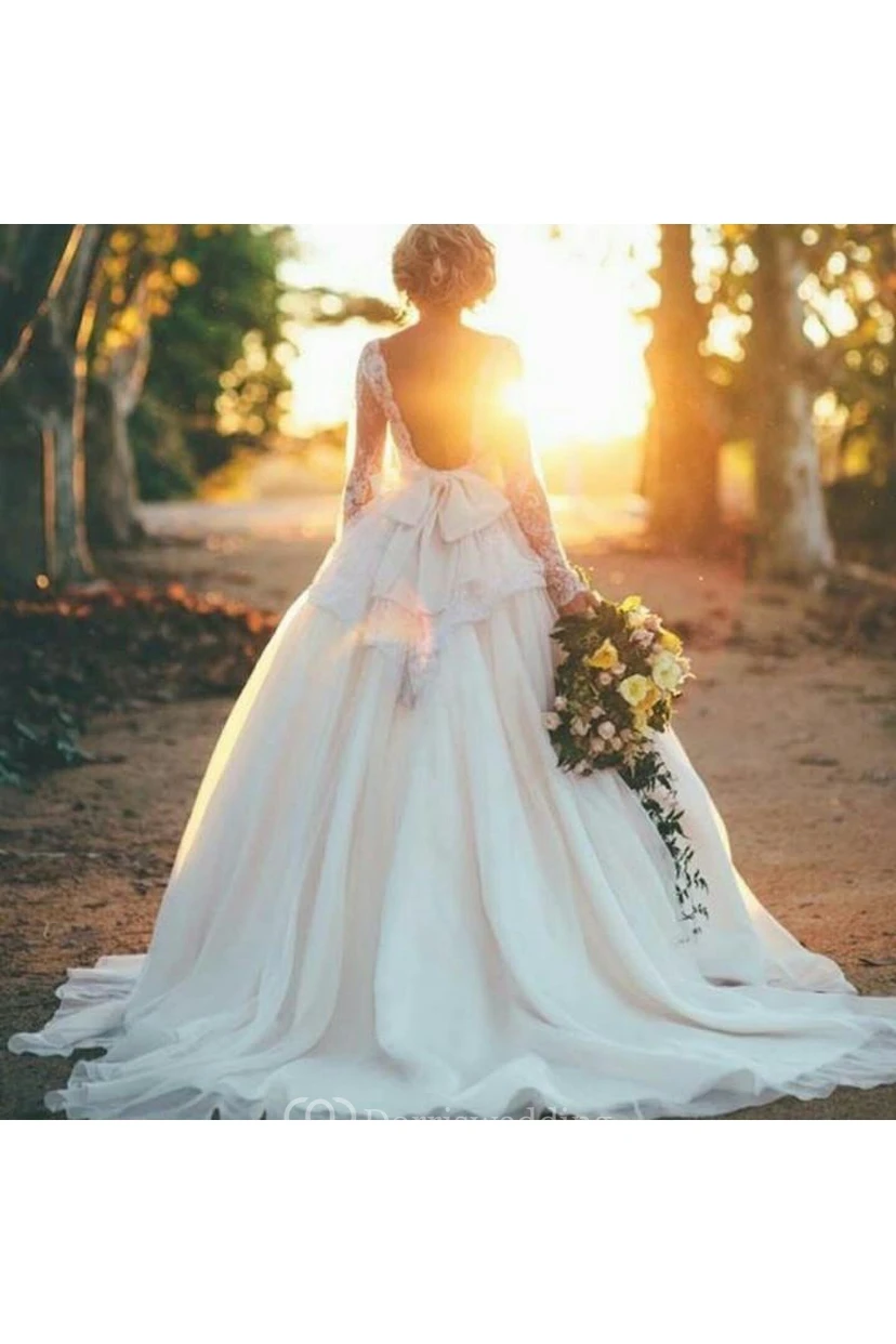 Gorgeous Long Sleeve Lace Wedding Dresses Princess Open Back view 4