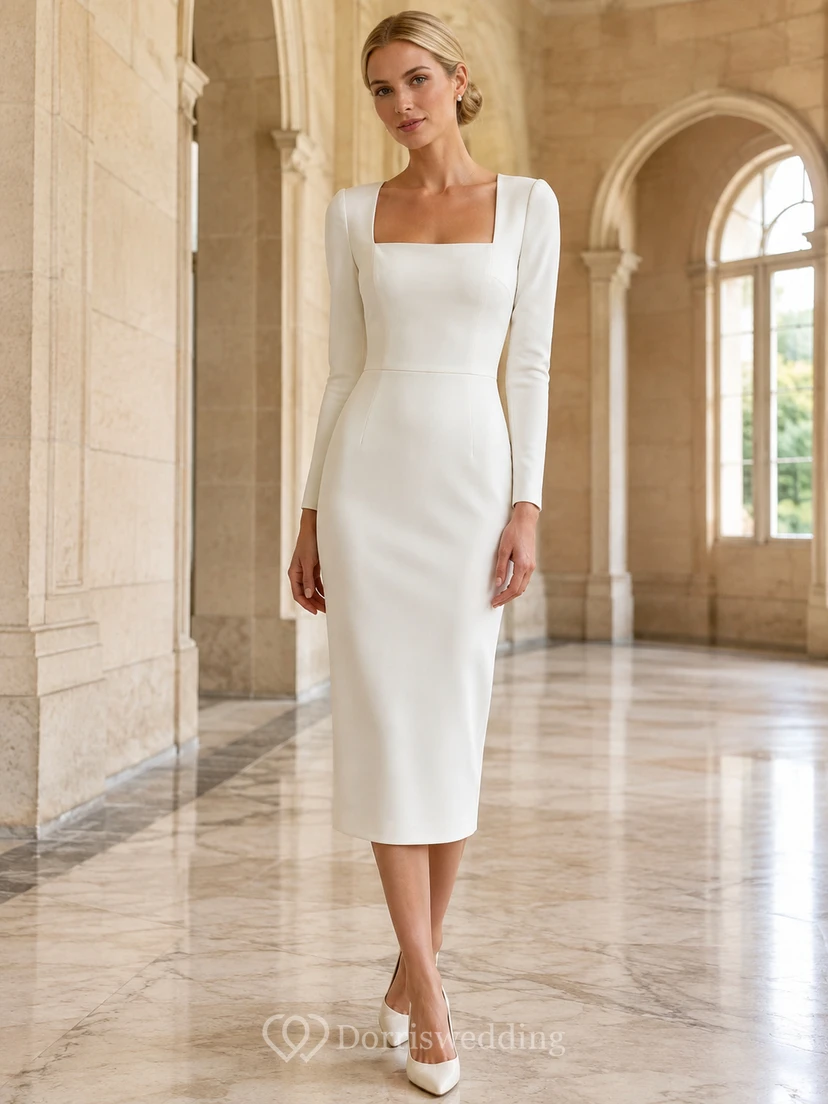 Robe de mariée civile élégante, classique, à col carré, manches longues, coupe fourreau et longueur thé